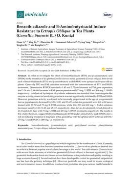 Benzothiadiazole and B-Aminobutyricacid Induce Resistance to Ectropis Obliqua in Tea Plants (Camellia Sinensis (L.) O