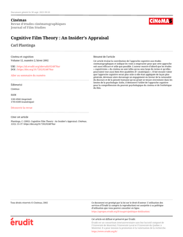 Cognitive Film Theory : an Insider's Appraisal