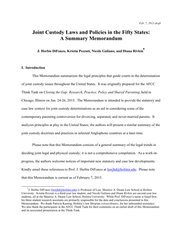 Joint Custody Laws and Policies in the Fifty States: a Summary Memorandum