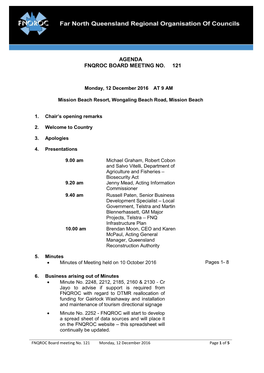 Agenda Fnqroc Board Meeting No. 121