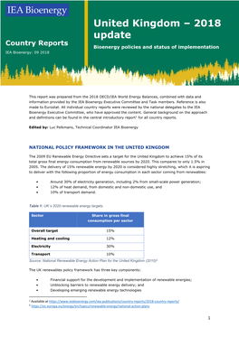 United Kingdom – 2018 Update Country Reports Bioenergy Policies and Status of Implementation