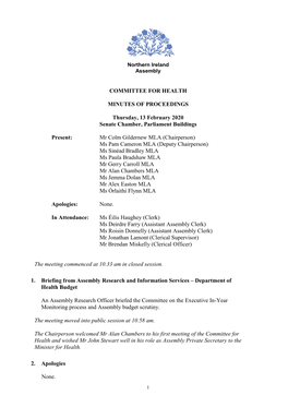COMMITTEE for HEALTH MINUTES of PROCEEDINGS Thursday, 13 February 2020 Senate Chamber, Parliament Buildings Present: Mr Colm