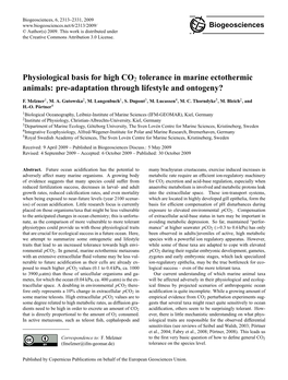 Physiological Basis for High CO2 Tolerance in Marine Ectothermic Animals: Pre-Adaptation Through Lifestyle and Ontogeny?