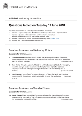 Questions Tabled on Tue 19 Jun 2018