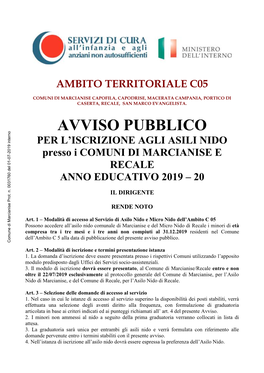 AVVISO PUBBLICO PER L’ISCRIZIONE AGLI ASILI NIDO Presso I COMUNI DI MARCIANISE E RECALE