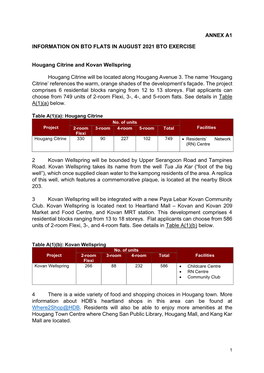 ANNEX A1 INFORMATION on BTO FLATS in AUGUST 2021 BTO EXERCISE Hougang Citrine and Kovan Wellspring Hougang Citrine Will Be Locat