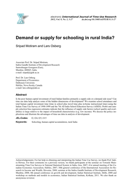 Demand Or Supply for Schooling in Rural India?