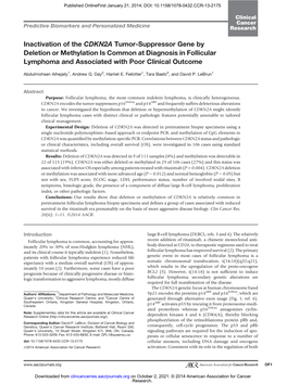 Inactivation of the CDKN2A Tumor-Suppressor Gene by Deletion Or Methylation Is Common at Diagnosis in Follicular Lymphoma and Associated with Poor Clinical Outcome