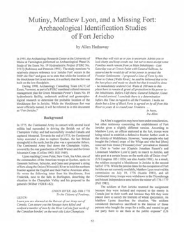 Mutiny, Matthew Lyon, and a Missing Fort: Archaeological Identification Studies of Fort Jericho