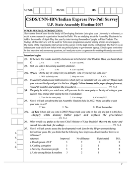 CSDS/CNN-IBN/Indian Express Pre-Poll Survey U.P