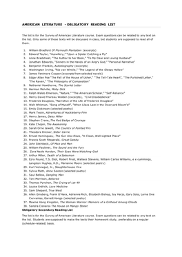 American Literature - Obligatory Reading List