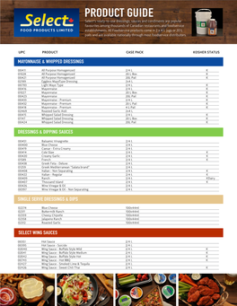 PRODUCT GUIDE Select’S Ready-To-Use Dressings, Sauces and Condiments Are Popular Favourites Among Thousands of Canadian Restaurants and Foodservice Establishments