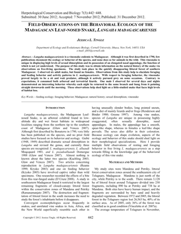 Field Observations on the Behavioral Ecology of the Madagascan Leaf-Nosed Snake, Langaha Madagascariensis