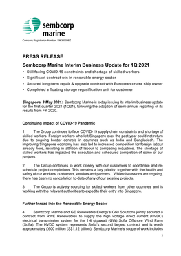 PRESS RELEASE Sembcorp Marine Interim Business Update for 1Q 2021