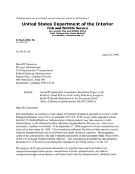 United States Department of the Interior Fish and Wildlife Service Sacramento Fish and Wildlife Office 2800 Cottage Way, Room W-2605 Sacramento, California 95825