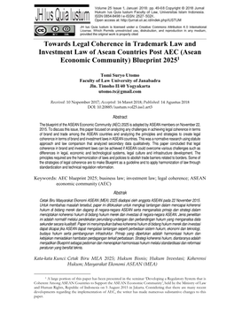 Towards Legal Coherence in Trademark Law and Investment Law of Asean Countries Post AEC (Asean Economic Community) Blueprint 2025 1