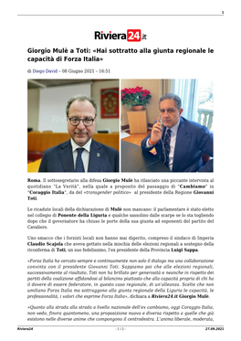 Giorgio Mulè a Toti: «Hai Sottratto Alla Giunta Regionale Le Capacità Di Forza Italia»
