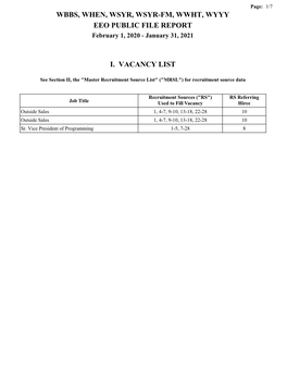 WBBS, WHEN, WSYR, WSYR-FM, WWHT, WYYY EEO PUBLIC FILE REPORT February 1, 2020 - January 31, 2021