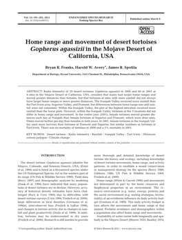 Home Range and Movement of Desert Tortoises Gopherus Agassizii in the Mojave Desert of California, USA