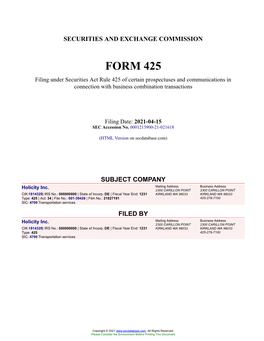 Holicity Inc. Form 425 Filed 2021-04-15