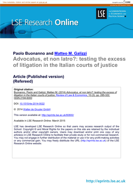 Advocatus, Et Non Latro?: Testing the Excess of Litigation in the Italian Courts of Justice