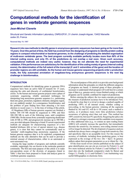 Computational Methods for the Identification of Genes in Vertebrate Genomic Sequences Jean-Michel Claverie