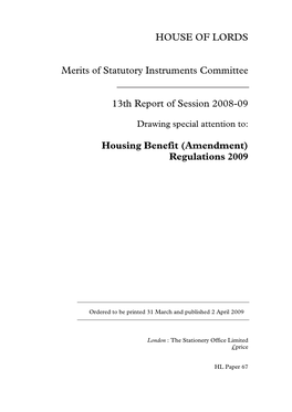 HOUSE of LORDS Merits of Statutory Instruments Committee 13Th Report