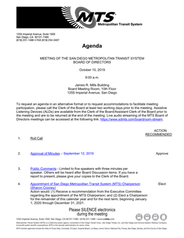 October 10, 2019 MTS Board of Directors Meeting Agenda Final Package