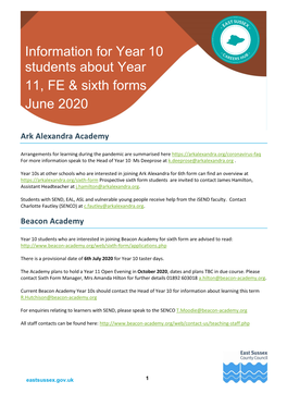 Information for Year 10 Students About Year 11, FE & Sixth Forms June 2020