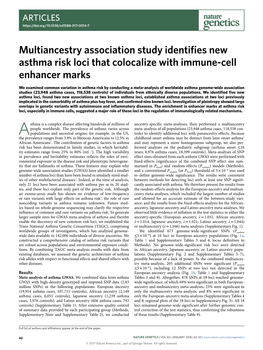 Multiancestry Association Study Identifies New Asthma Risk Loci That Colocalize with Immune-Cell Enhancer Marks