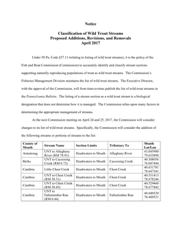 Notice Classification of Wild Trout Streams Proposed Additions