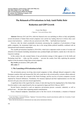 The Relaunch of Privatizations in Italy Amid Public Debt Reduction And