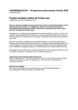 Fryske Doarpen Pakke De Krimp Oan Fryslân DOK Op Snein 15 Febrewaris 2015