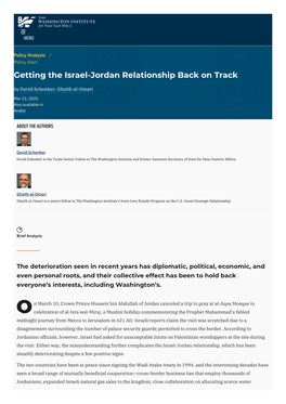 Getting the Israel-Jordan Relationship Back on Track by David Schenker, Ghaith Al-Omari