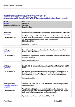 Area 2 Planning Committee Part 1 Public 25 May 2011 DECISIONS ISSUED SUBSEQUENT to PREVIOUS LIST 'D' All Applications With