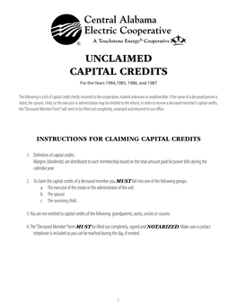 UNCLAIMED CAPITAL CREDITS for the Years 1984,1985, 1986, and 1987