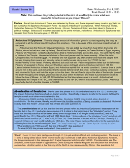 Daniel Lesson 10 Date: Wednesday, Feb 4, 2015 Text: Daniel 11:21 - 12:13 Note: This Continues the Prophecy Started in Dan 11:2