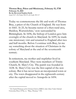 Today We Commemorate the Life and Work of Thomas Bray, a Priest of the Church of England