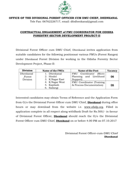 OFFICE of the DIVISIONAL FOREST OFFICER CUM DMU CHIEF, DHENKANAL Tele Fax: 06762226717, Email: Dfodhenkanal@Gmail.Com