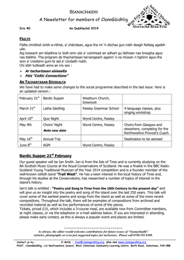 SEANACHAIDH N R a C U H Ri Lu F a a Newsletter for Members of Clanngàidhlig N Id in H R Siorrachd Rinn Friu Iris 40 an Dubhlachd 2014