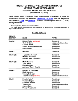 ROSTER of PRIMARY ELECTION CANDIDATES NEVADA STATE LEGISLATURE ------2011 REGULAR SESSION------(As of March 24, 2010)