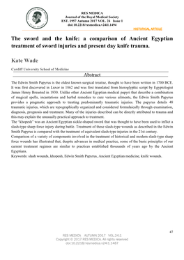 A Comparison of Ancient Egyptian Treatment of Sword Injuries and Present Day Knife Trauma