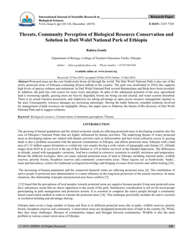 Threats, Community Perception of Biological Resource Conservation and Solution in Dati Wolel National Park of Ethiopia