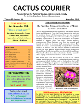 CACTUS COURIER Newsletter of the Palomar Cactus and Succulent Society the North San Diego County Cactus and Succulent Society