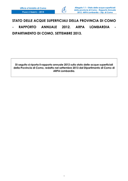 Allegato 1.1 – Stato Delle Acque Superficiali Della Provincia Di Como - Rapporto Annuale PIANO D ’A MBITO – 2014 2012