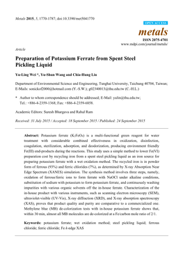 Preparation of Potassium Ferrate from Spent Steel Pickling Liquid