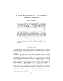 A GENERALIZATION of the L¨OWNER-JOHN's ELLIPSOID THEOREM 1. Introduction “Approximating” Data by Relatively Simple Geomet