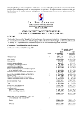 Announcement of Interim Results for the Six Months Ended 31 January 2021