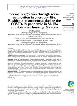 Social Integration Through Social Connection in Everyday Life. Residents' Experiences During the COVID-19 Pandemic in S¨Allbo