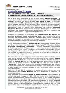 Comunicato Stampa AL CENTRO FIERISTICO DALL’11 AL 13 MAGGIO L’Eccellenza Piemontese a “Mastro Artigiano”